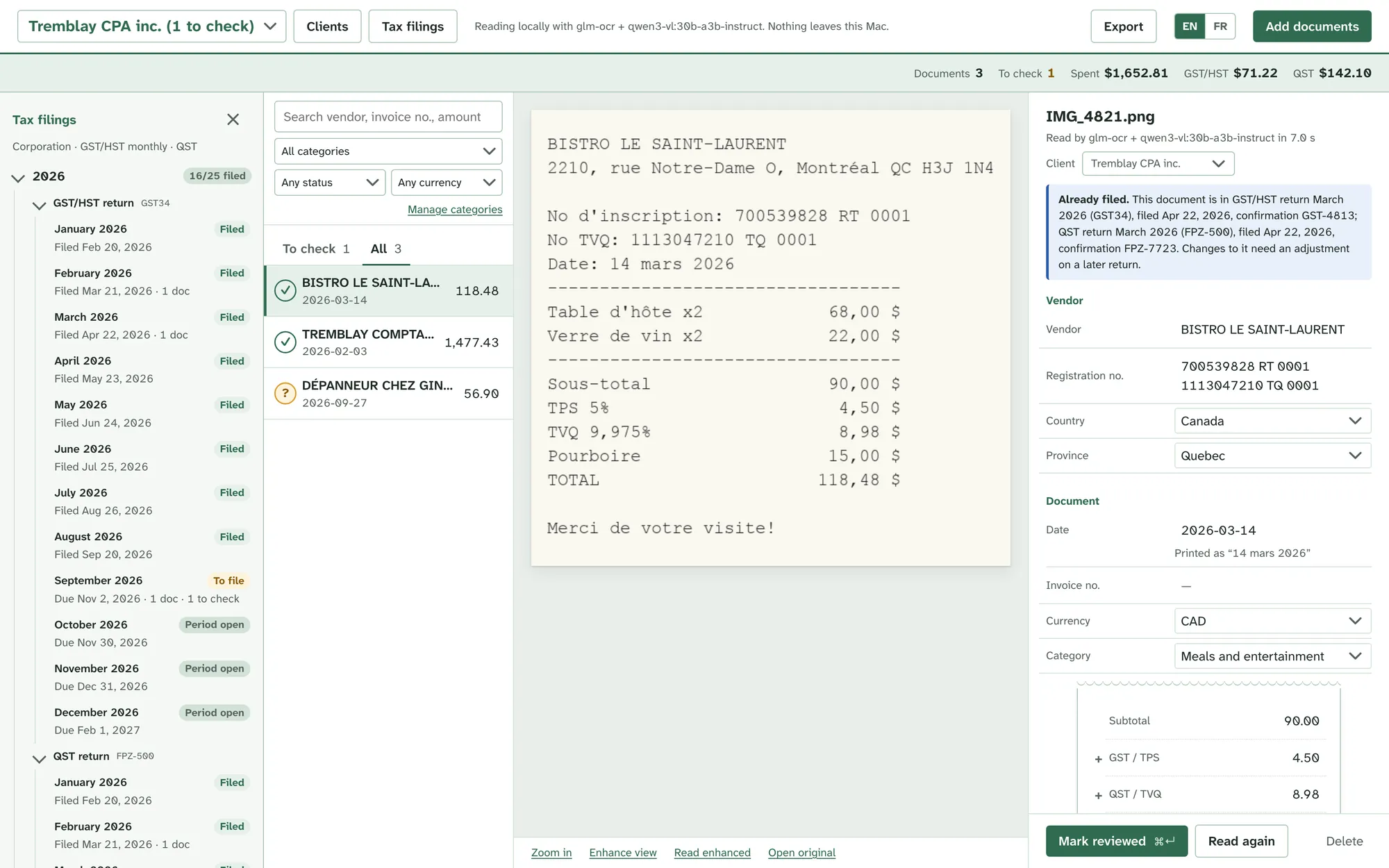 A Quebec client's 2026 GST/HST and QST returns by month, January to August filed, September to file, and a receipt from March showing it is already part of a filed return.