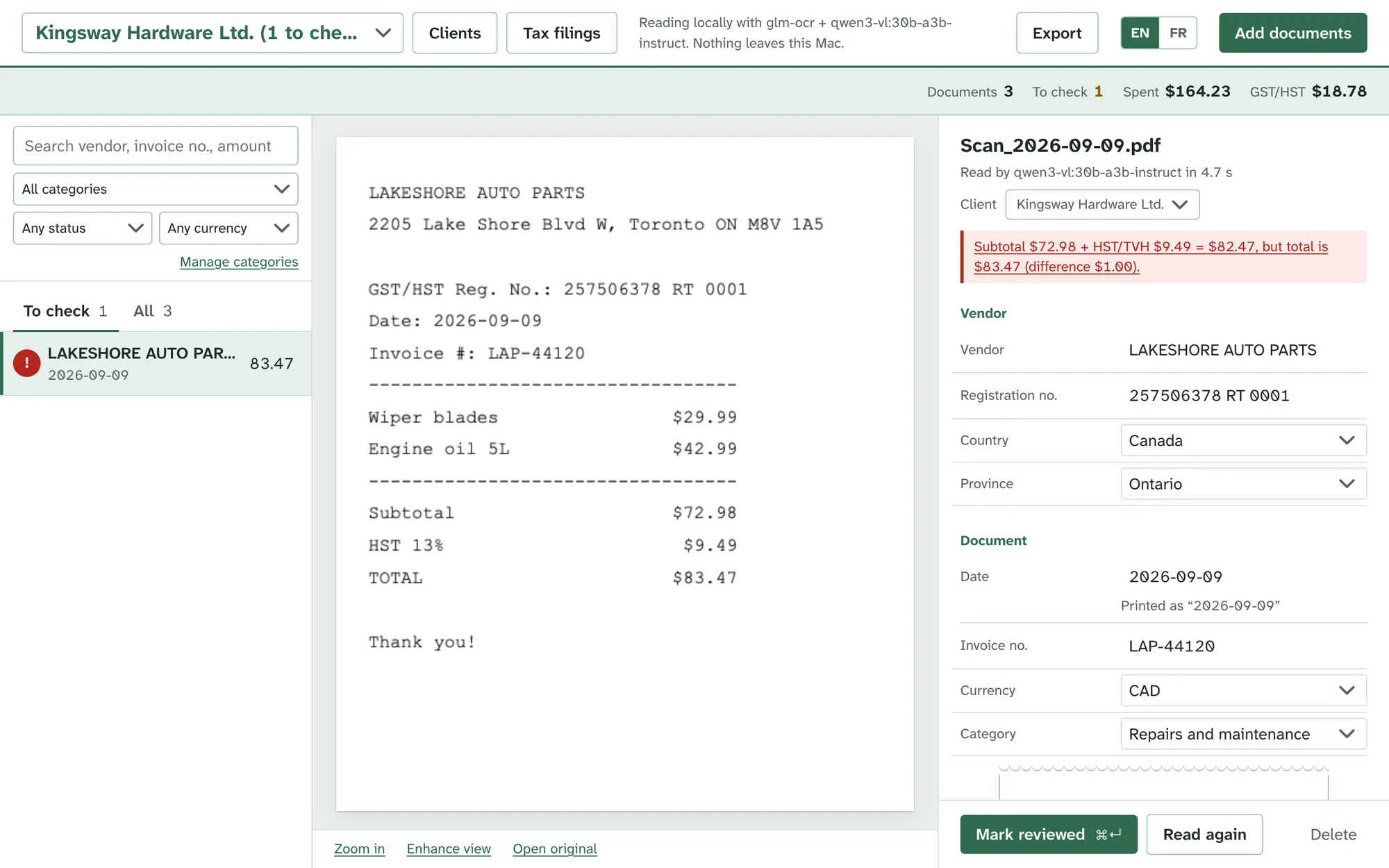 The review screen: a list of receipts to check, the Lakeshore Auto Parts receipt, and the values read from it, with a red flag explaining that the printed total is $1.00 more than the subtotal plus HST.
